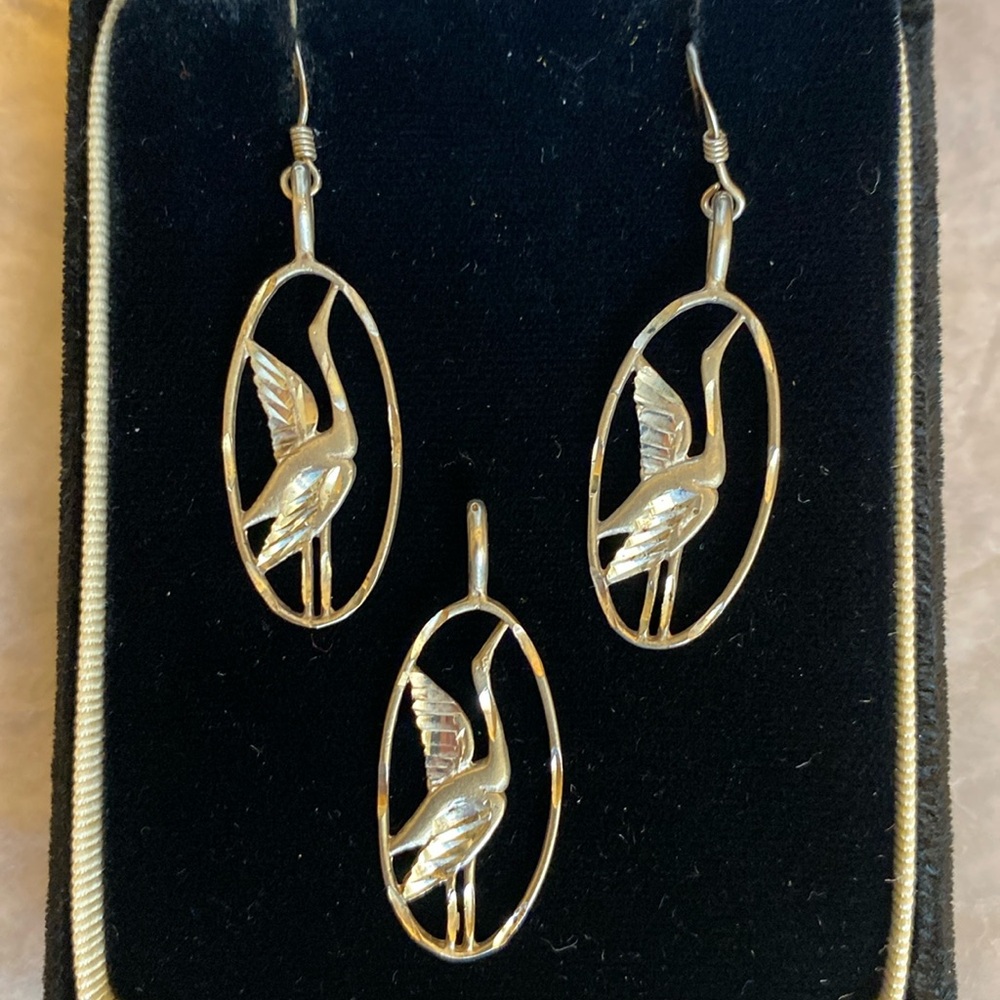 Silver Crane Bird Drop Earrings and Pendant. Vintage. 925 sterling silver.